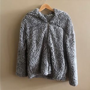 Gray Faux Shearling Zip Up Hoodie Jacket